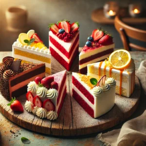 A vibrant display of five different cake slices, each representing a unique flavor. The cakes should be arranged on a rustic wooden board or elegant platter, with distinct flavors visible (e.g., chocolate, strawberry, red velvet, lemon drizzle, and vanilla bean).